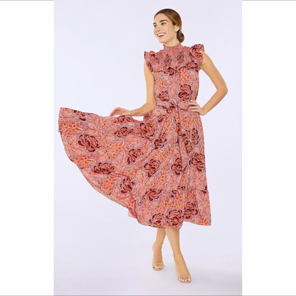 Likely Levine midi fit flare shift dress smocked floral ruffle cottagecore new 6